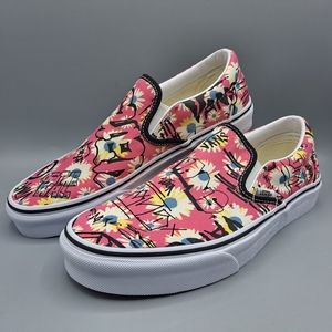 New Vans Classic Slip-On VANS CREW Floral Black Pink Flowers Graffiti Women 10.5